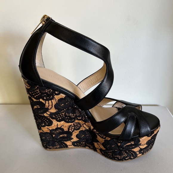 Jimmy Choo Black Leather Parrow Lace Wedge Platform Sandals Size 36.5 - Picture 4 of 10